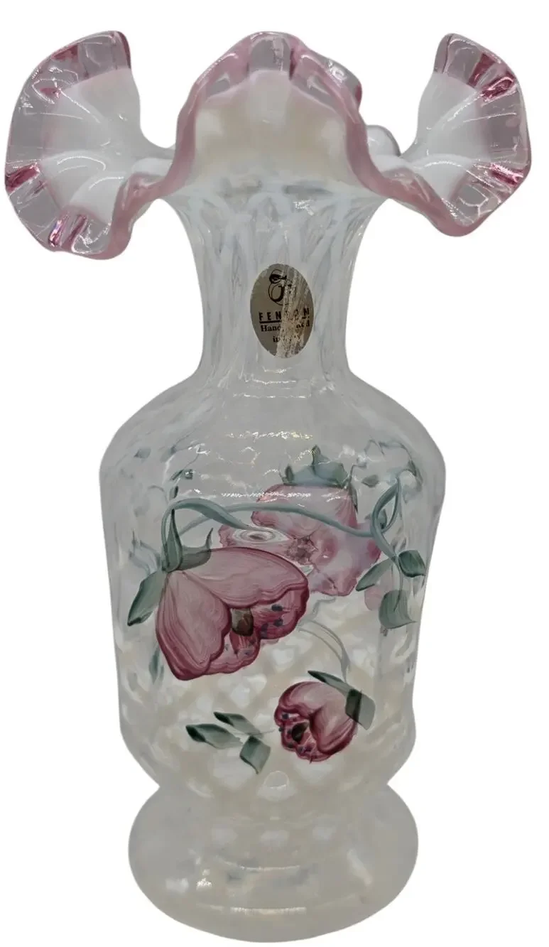 FENTON FRENCH OPAL LATTICE DECORATED VASE PINK CREST SIGNED